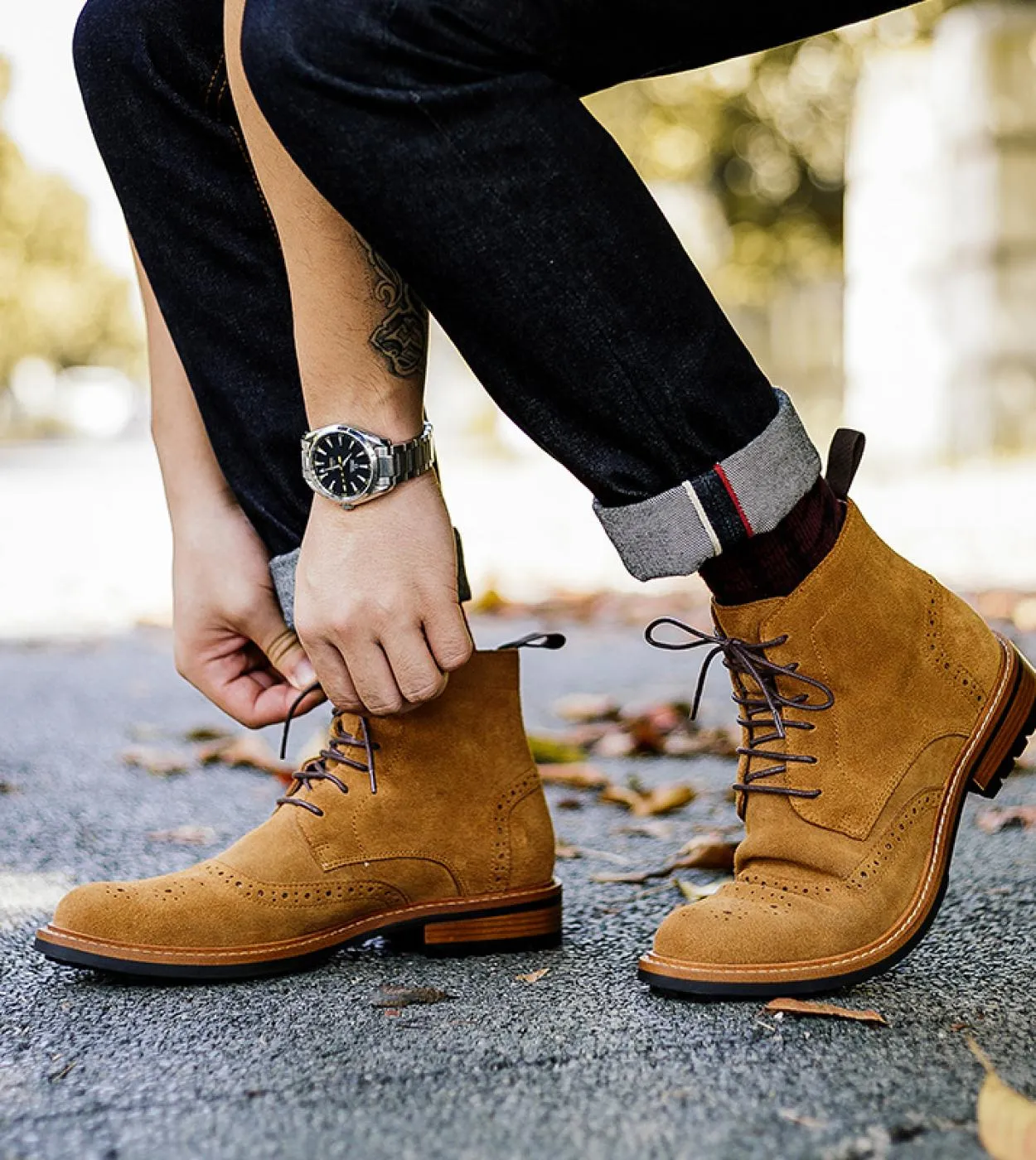 Stivali da uomo in pelle scamosciata di lusso in vera pelle di qualità intagliata alla caviglia con lacci Chelsea Martin Botas F