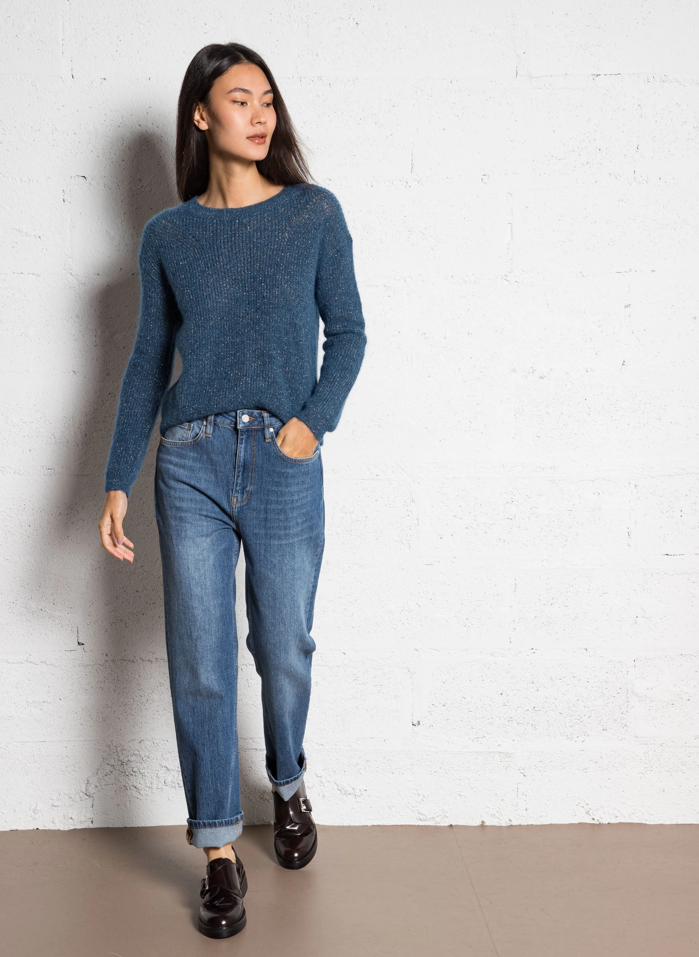  SUD EXPRESS   MONCOEUROX - Maglione ampio scollo tondo in maglia metallizzata | Blu