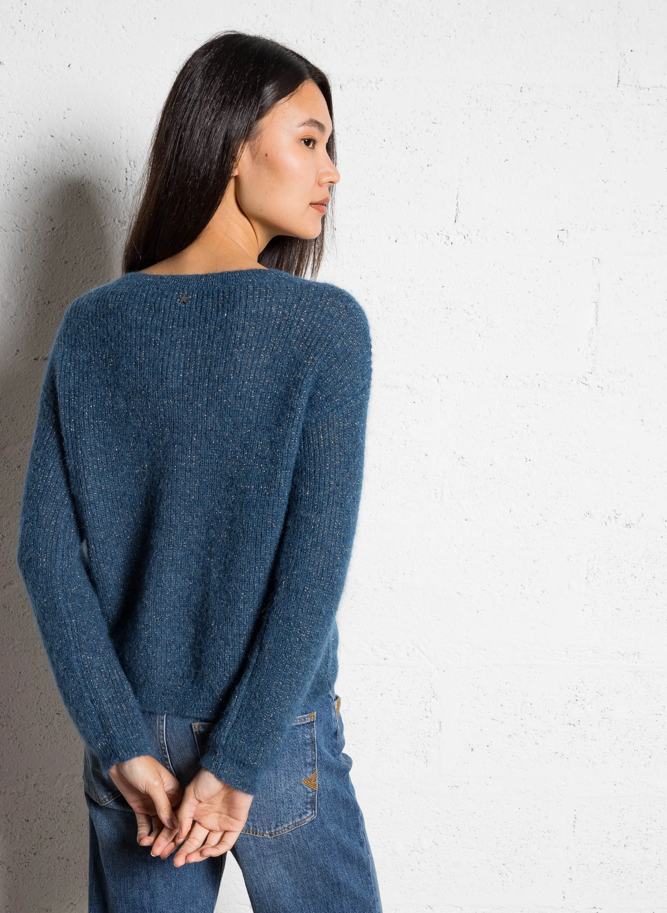  SUD EXPRESS   MONCOEUROX - Maglione ampio scollo tondo in maglia metallizzata | Blu