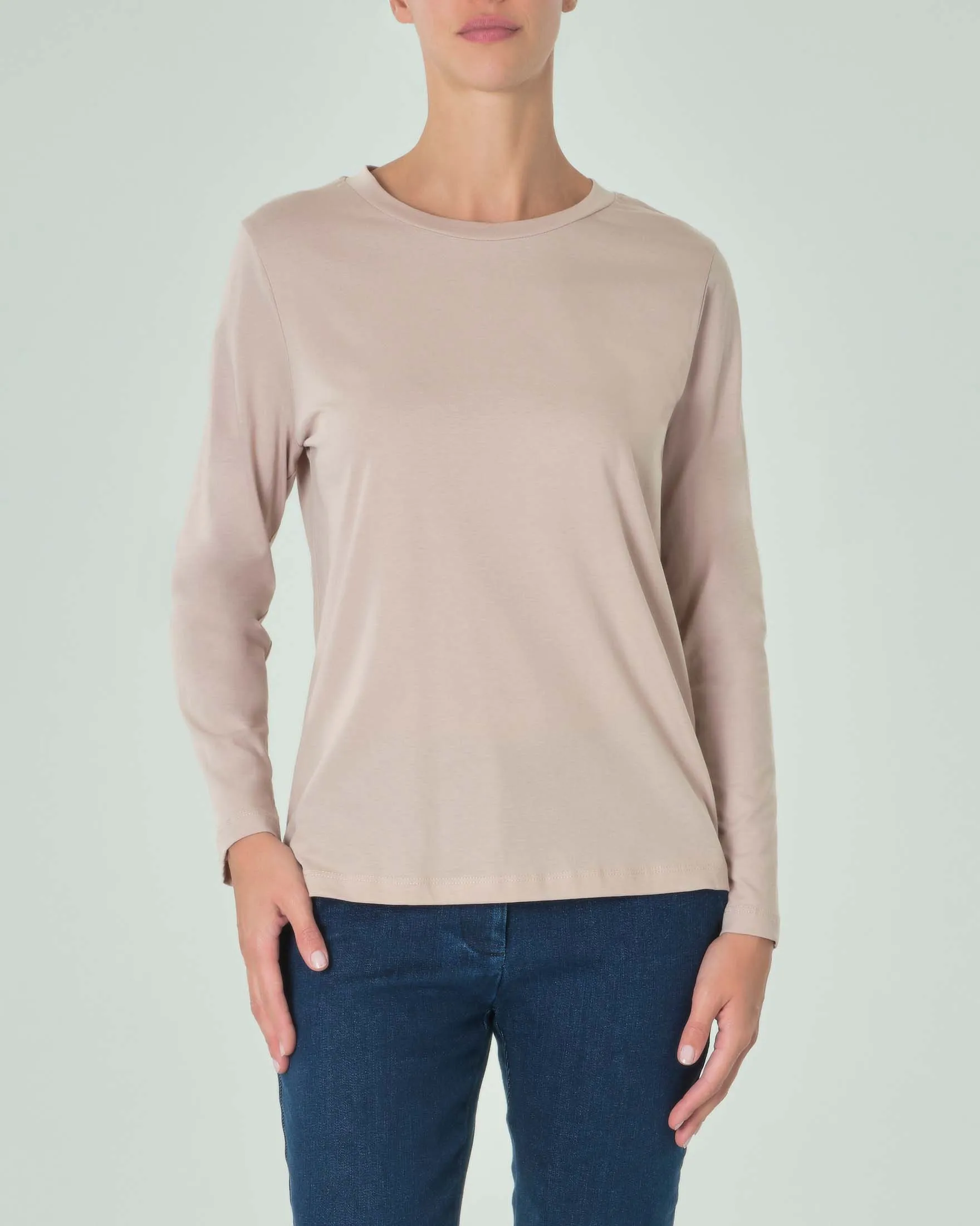 T-shirt beige girocollo in cotone a maniche lunghe