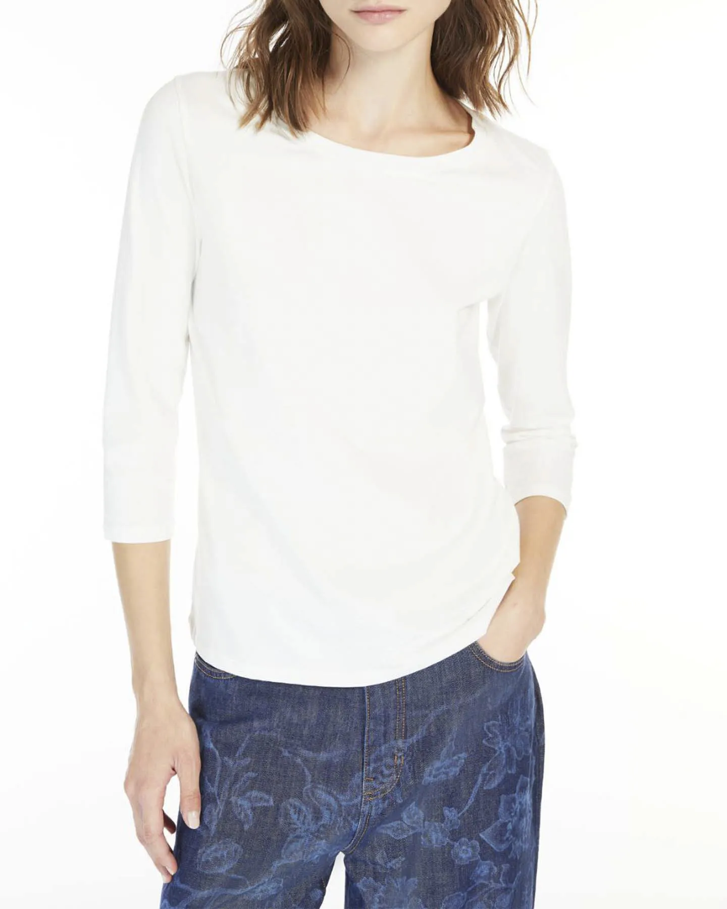 T-shirt bianca in jersey di cotone stretch con maniche a tre quarti