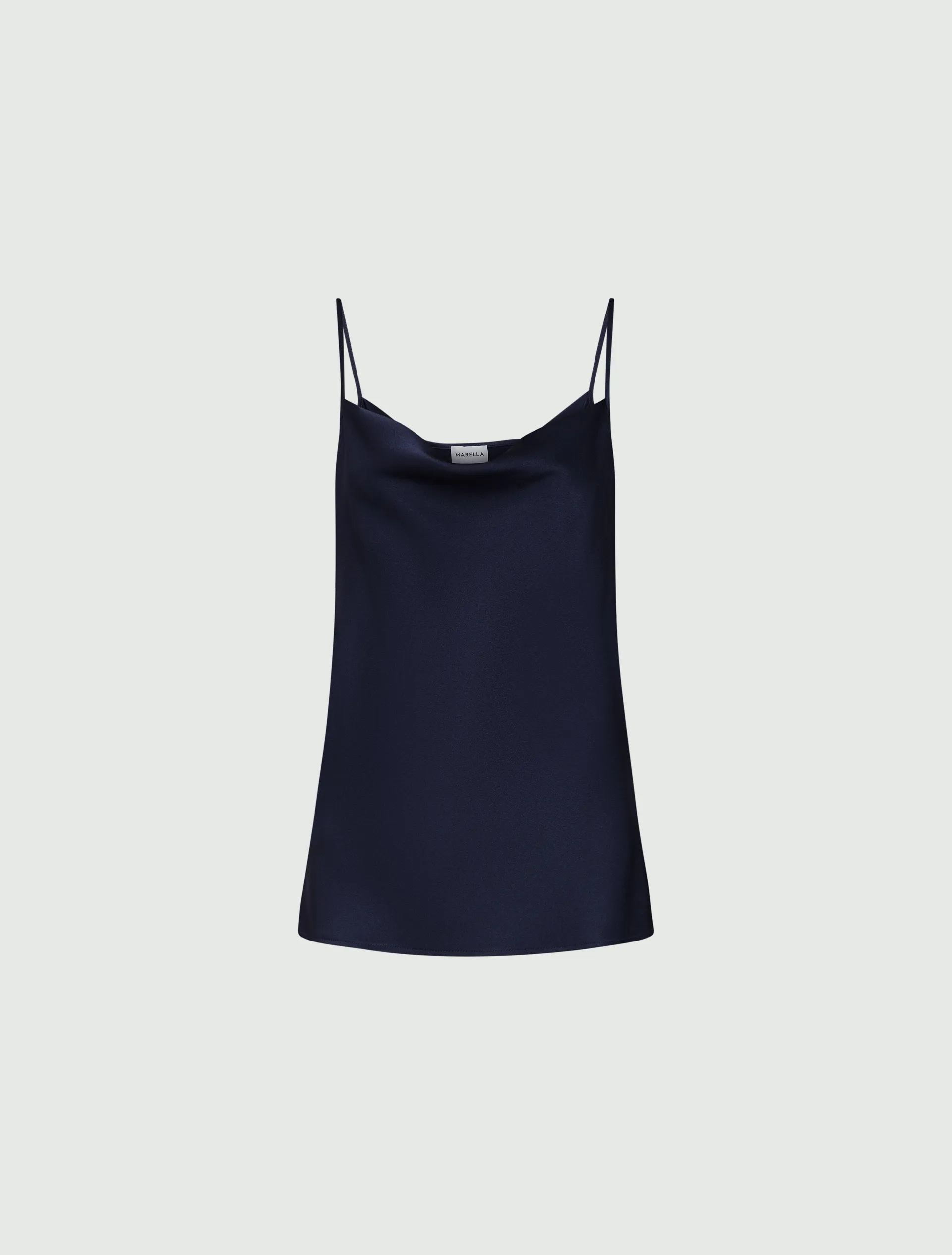 Top blu in satin con spalline sottili e scollo morbido
