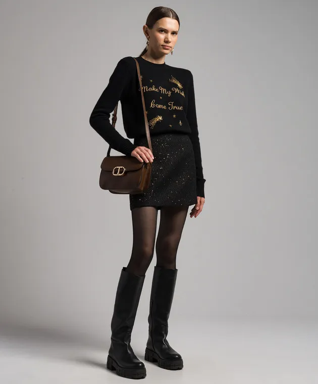 Twinset Maglia nera in lana e cashmere con ricami 232TT3400