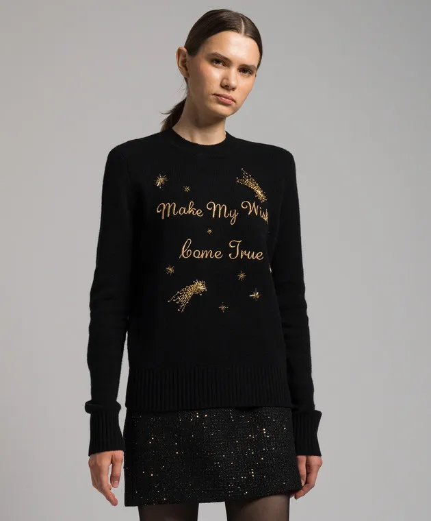 Twinset Maglia nera in lana e cashmere con ricami 232TT3400