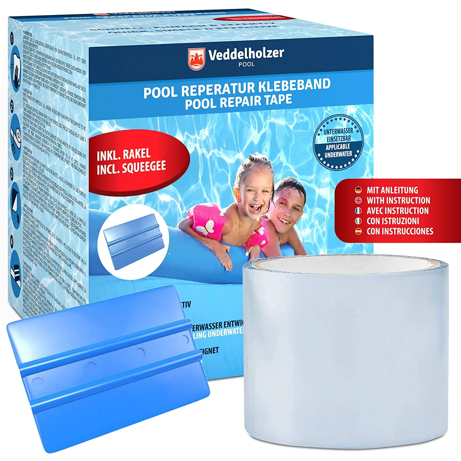 Veddelholzer Set per la riparazione della piscina Nastro impermeabile subacqueo 10 cm x 150 cm Nastro sigillante trasparente, na
