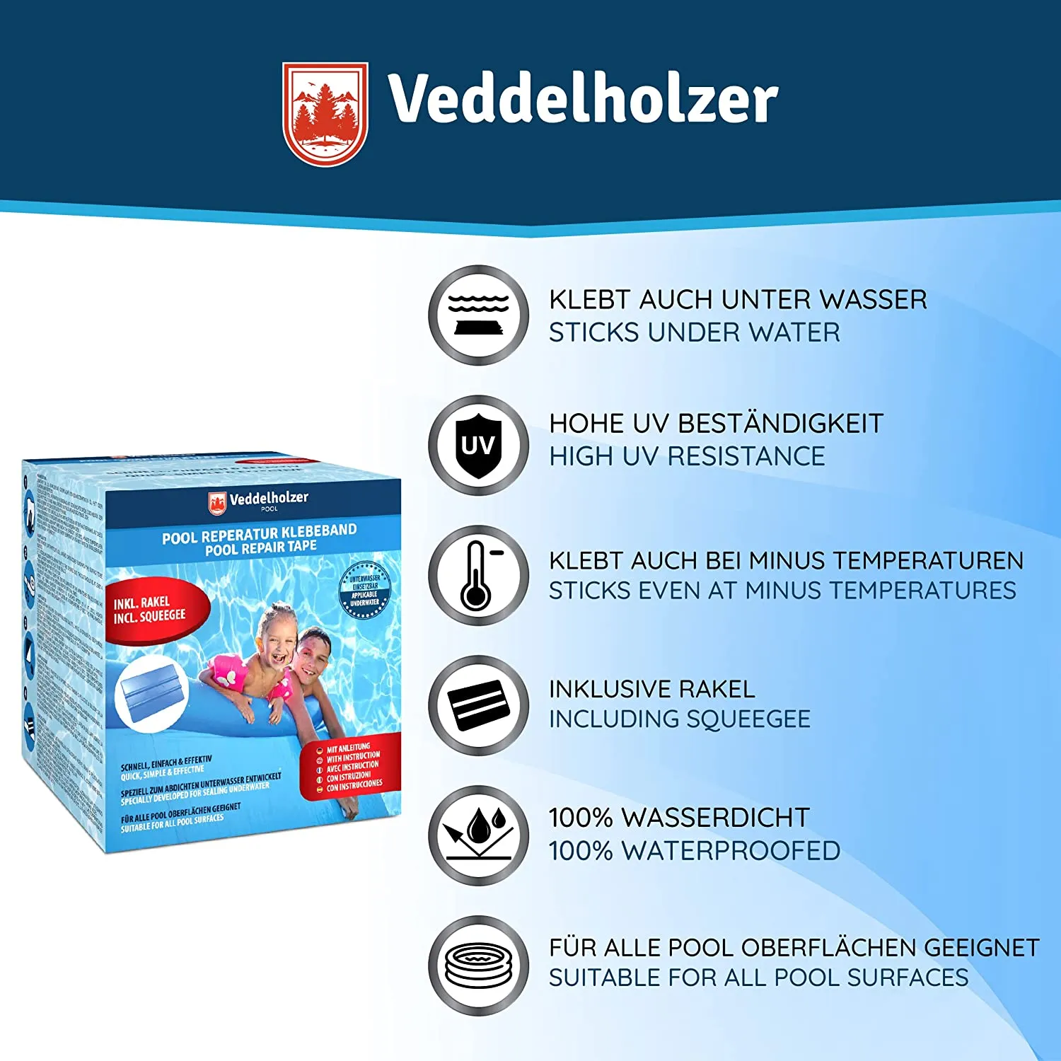 Veddelholzer Set per la riparazione della piscina Nastro impermeabile subacqueo 10 cm x 150 cm Nastro sigillante trasparente, na